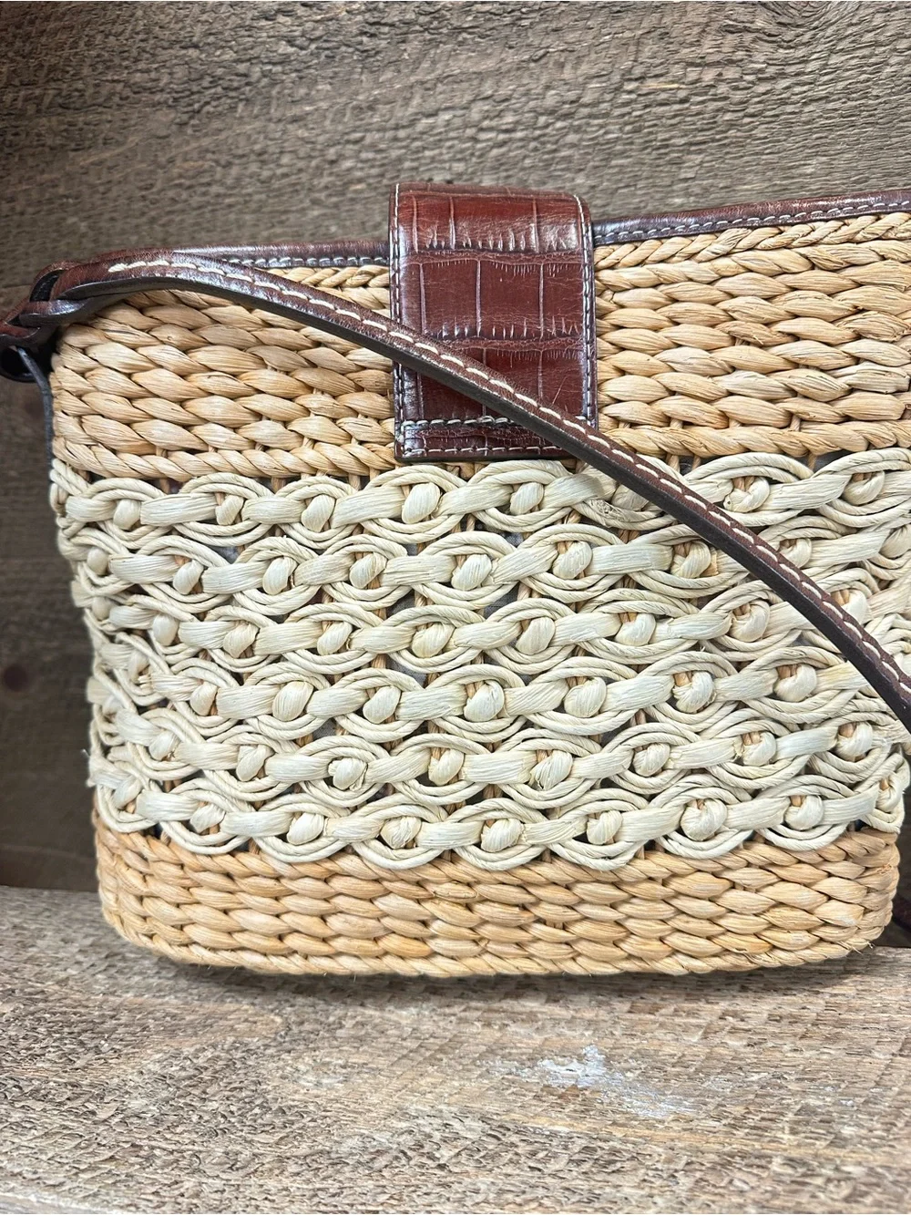 Brighton Woven Straw Crossbody in Natural and Cream with Brown Trim